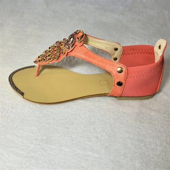 Coral Pink Summer Sandals Rhinestone Peacock Bird Thong Strap - Picture 5 of 9